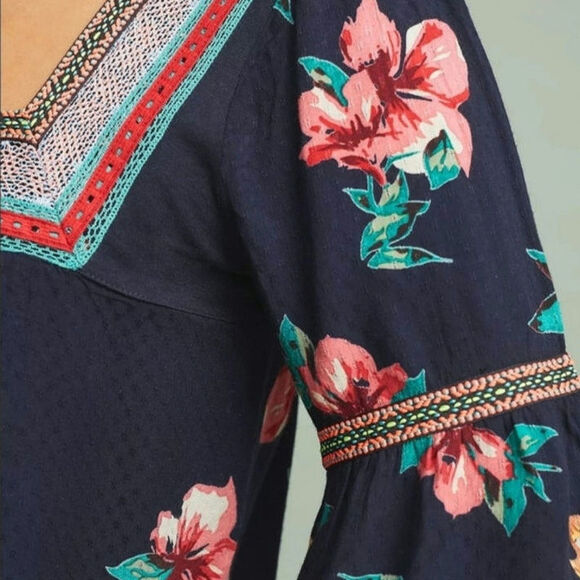 Anthropologie Dakota Embroidered Floral Square Neck Top Bell Sleeve Blue Boho M - Picture 5 of 16